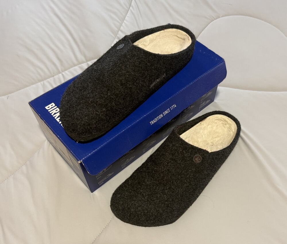 Birkenstock Zermatt Wool Felt Shearling Slippers Dark Grey EU 40